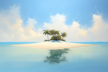 White tropical sandy island surrounded by the blue waters of the ocean. A beautiful bright blue summer sunny sky. Creative concept of summer. Generative AI 3d render illustration imitation.