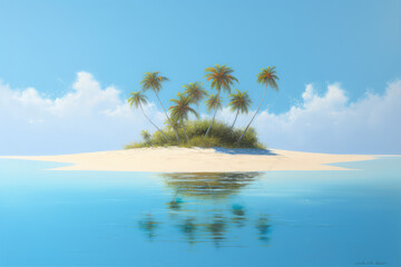 Small tropical sandy island surrounded by the blue waters of the sea. A beautiful bright blue summer sunny sky. Creative concept of summer. Generative AI 3d render illustration imitation.