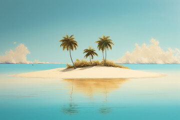 Fototapeta premium Small tropical sandy island with palm trees surrounded by the blue waters of the ocean. A bright blue summer sunny sky. Creative concept of summer. Generative AI 3d render illustration imitation.