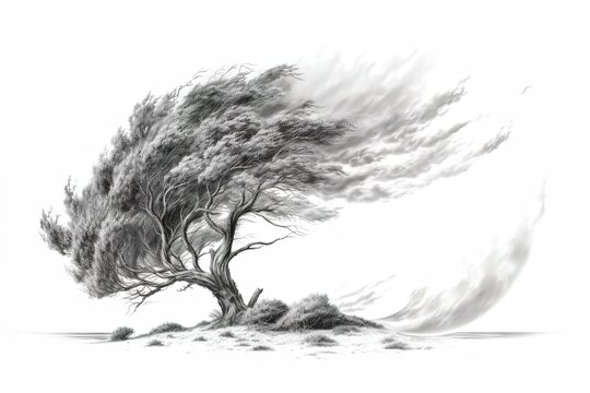 drawing tree in strong wind isolated on white background. AI generated.