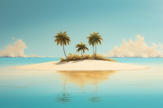 Small tropical sandy island with palm trees surrounded by the blue waters of the ocean. A bright blue summer sunny sky. Creative concept of summer. Generative AI 3d render illustration imitation.