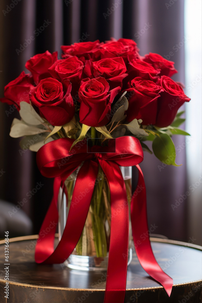 Poster bouquet of red roses on a gray background with copy space generative ai