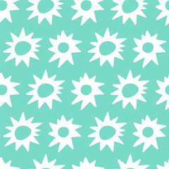 Bright trendy seamless pattern with white flowers on a blue background. Minimalistic baby naive pattern.