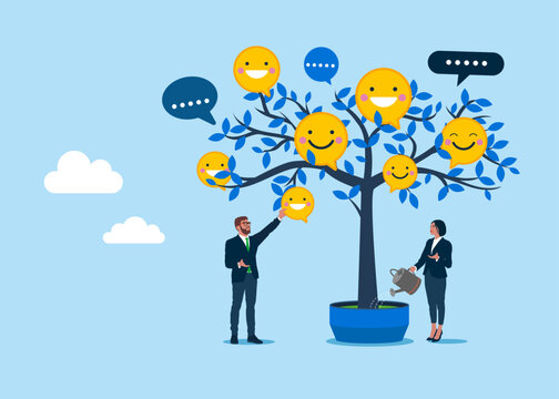 Businesspeople picking positive feedback from tree. Good review, good reputation, high ratings. Modern vector illustration in flat style