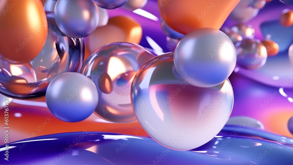 Poster abstract 3d rendering of multicolored spheres in liquid. abstract background. generative ai