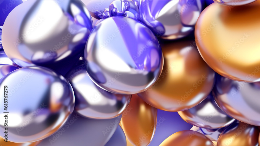 Poster 3d rendering of a group of shiny metallic spheres in blue and orange generative ai