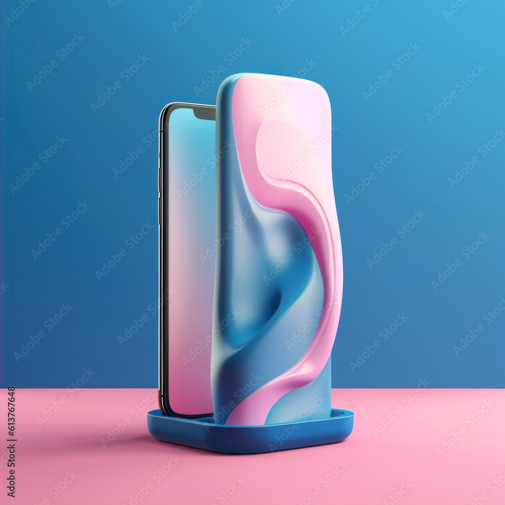 Poster smartphone with pink and blue screen on a blue background. 3d rendering generative ai
