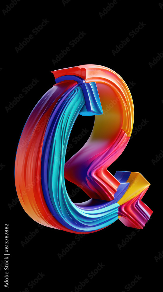 Poster colorful 3d letter q on a black background. 3d rendering generative ai