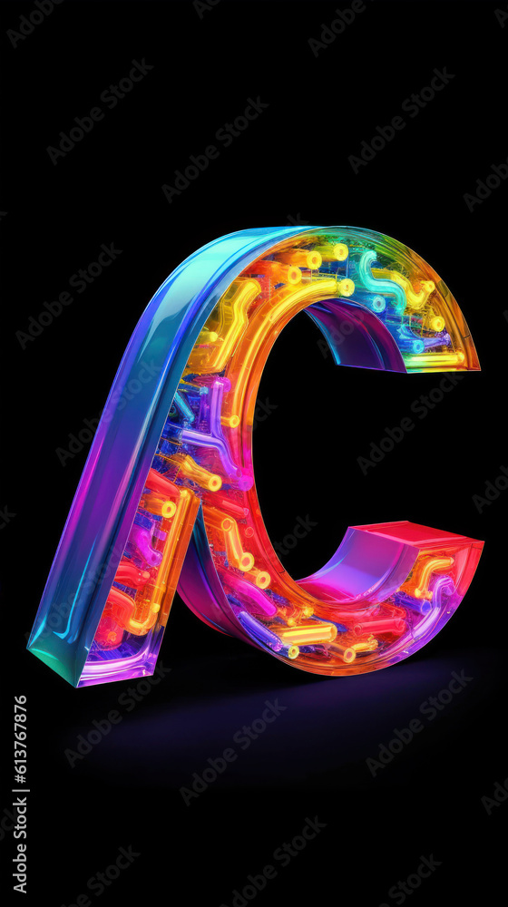 Poster neon light font letter c 3d render illustration isolated on black background generative ai