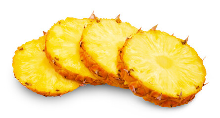 Pineapple isolated. Ripe Kenyan pineapple cut into round slices on a transparent background.