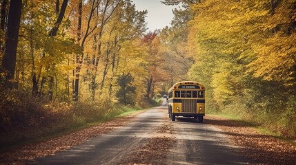 Obraz premium School bus drives down a country road in autumn Generative AI