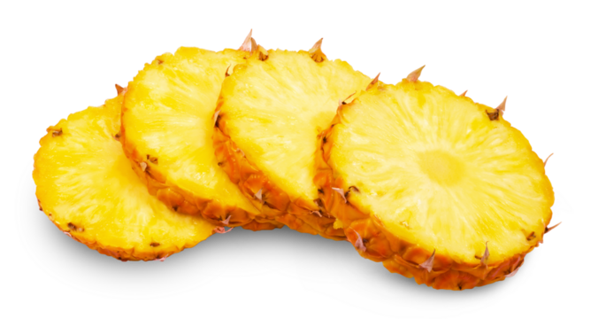 Pineapple isolated. Ripe Kenyan pineapple cut into round slices on a transparent background.