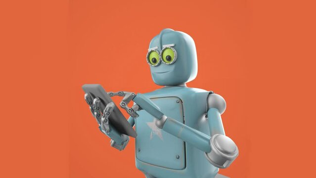 Retro robot sits and reads smartphone. New technologies and progress. 3d render.