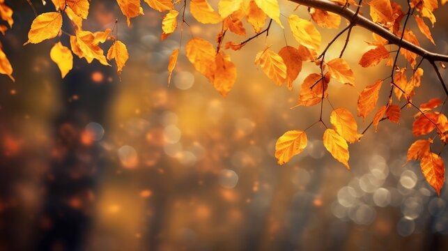 Autumn colorful bright leaves swinging in a tree in autumnal park. Autumn colorful background, fall backdrop Generative AI