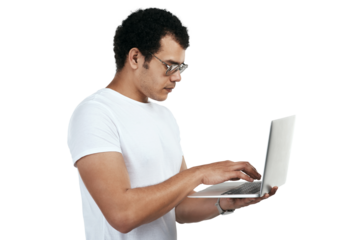 Laptop, serious and man typing on internet isolated on a transparent png background. Computer, focus and person online browsing on website, email or app for communication, social media and networking