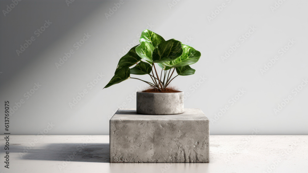 Poster 3d rendering of a green plant in a concrete pot on a white background generative ai