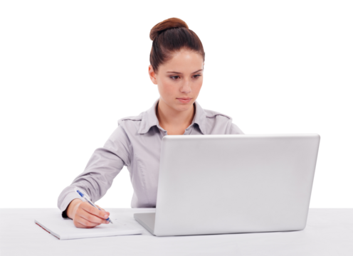 Technology, businesswoman with laptop and notebook writing isolated against a transparent png background. Online computer or planning, connectivity and female person write notes in book at desk - Powered by Adobe