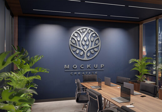 Logo Mockup In Office At Night With 3D Glossy Metal Effect