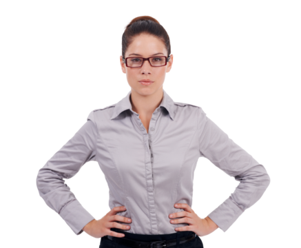 Professional, woman and focus and confident with glasses in png or isolated and transparent background with accountant. Business female, serious face and spectacles for success at work and assertive.