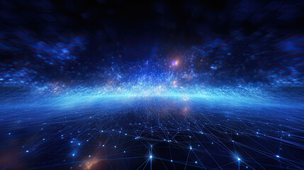 The digital network horizon. Blue network grid. Vast network expanding across the digital field, connecting entities