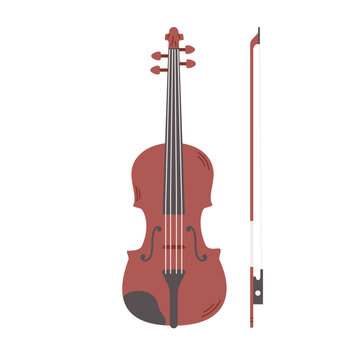 Violin with bow isolated on white background. Classical stringed musical instrument. Vector flat illustration.
