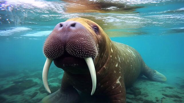 Closeup on Svalbard walrus with tusks. AI Generative Image