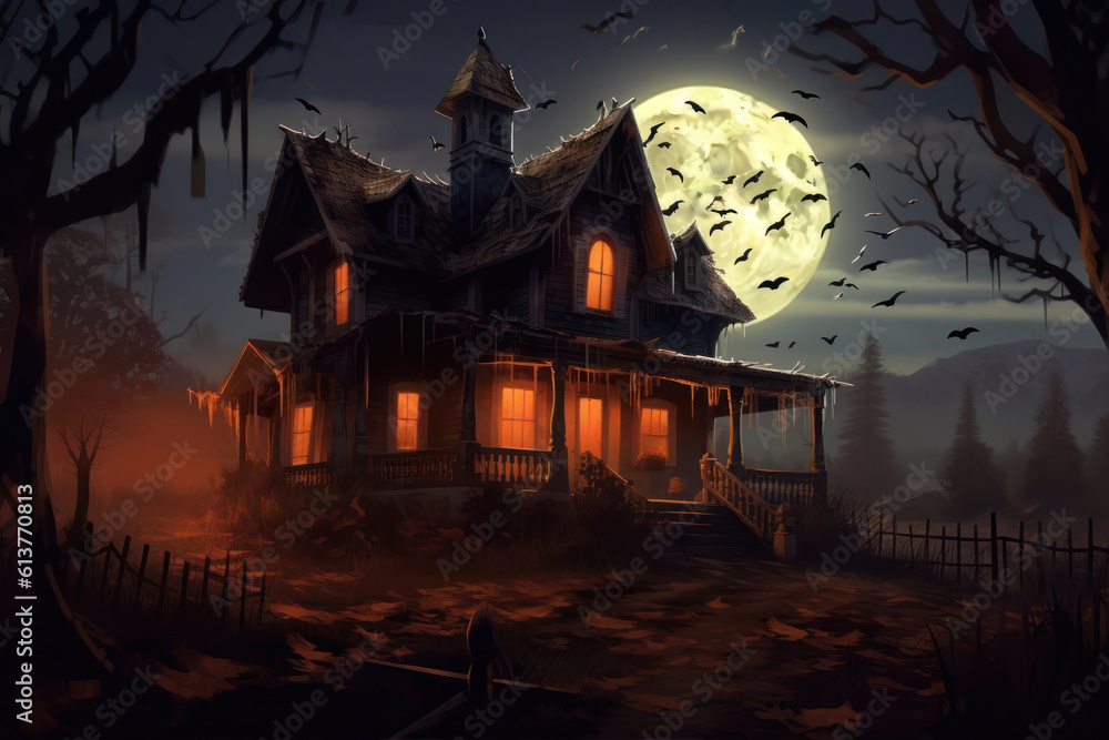 Poster halloween background with haunted house and full moon. 3d rendering generative ai