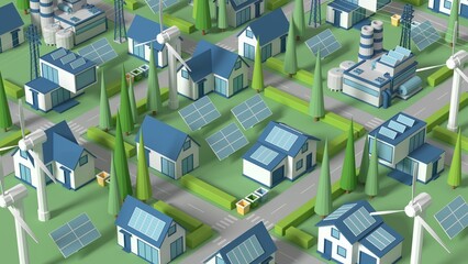 Solar-powered homes, ecology is an energy-saving concept for getting free energy from the sun. Eco-friendly smart city, 3d rendering.