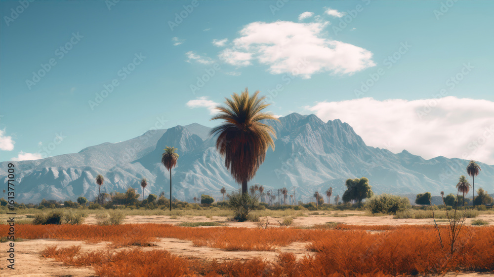 Poster 3d rendering of a desert landscape with palm trees and mountains in the background generative ai