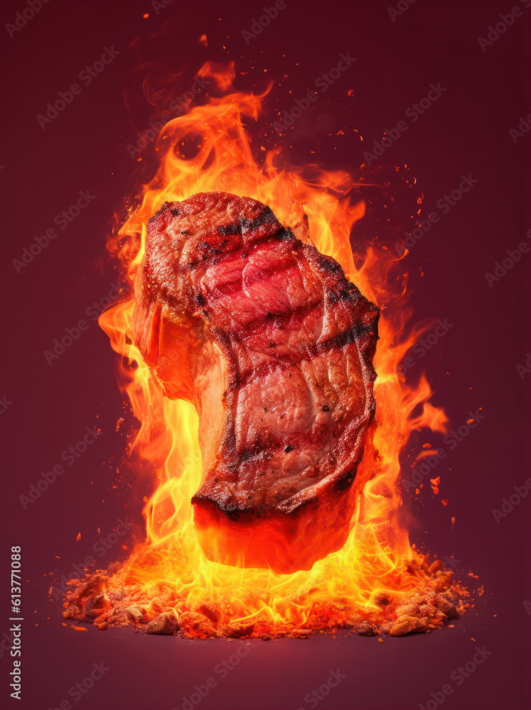 Poster steak on fire with flames isolated on a dark red background. generative ai