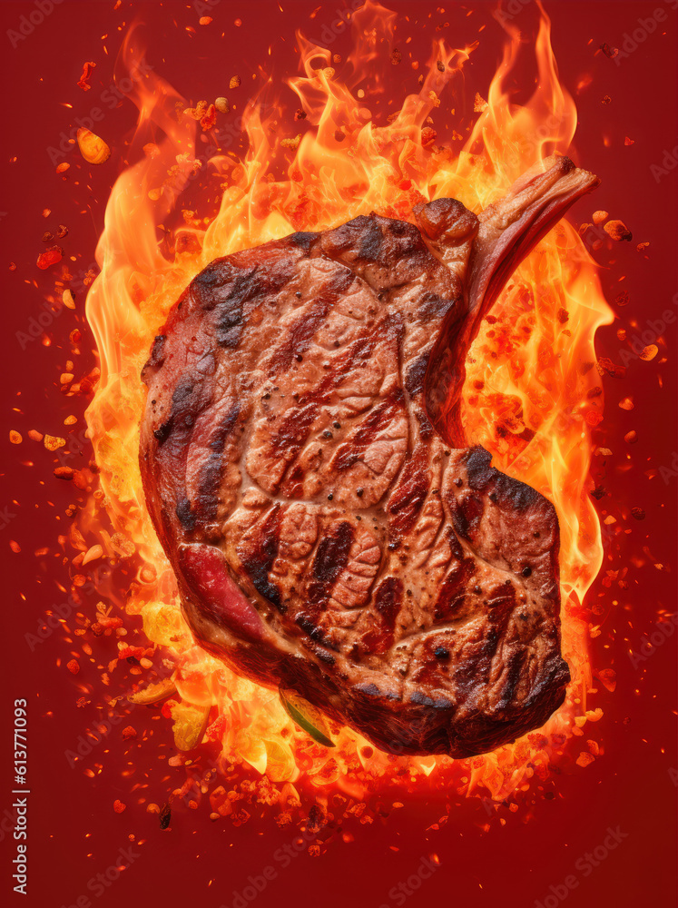 Poster grilled steak on fire with flames on red background, top view generative ai