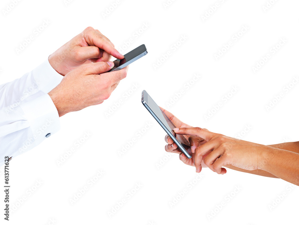 Poster cellphone, business people teamwork and hands typing email communication, networking cooperation or 