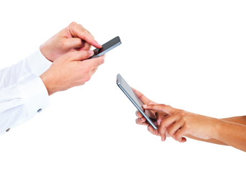 Cellphone, business people teamwork and hands typing email communication, networking cooperation or contact us. Team send digital file over mobile connection isolated on transparent, png background