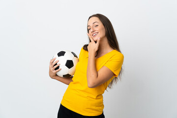 Young football player woman over isolated white background happy and smiling