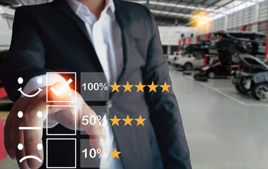 business male hand touching correct mark icon In scoring satisfaction surveys in taking cars to...