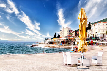 Croatia, beautiful Adriatic coast, Opatija riviera on Kvarner, popular beach Slatina and scenic...