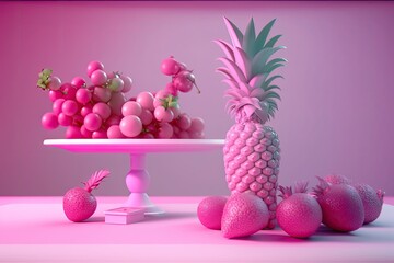 Pink fruits on the table. Artificial food concept.