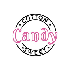 Cotton candy on stick. Vintage Retro Text logo lettering for sweet cotton candy dessert for kids