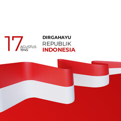 17 August 1945, Happy Indonesia Independent Day. Template of greeting card, banner with lettering of Dirgahayu Republik Indonesia. Waving Indonesia flags isolated on white background,