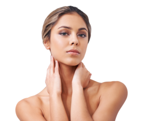 Skincare, beauty and portrait of natural woman on isolated, png and transparent background for cosmetics. Dermatology, spa aesthetic and face of female person for facial treatment, makeup or wellness