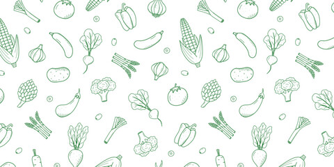 Seamless Pattern of drawing vegetables in doodle style. A set of vector illustrations of the harvest corn potatoes carrots radishes beets garlic onions tomatoes, etc. - 613774222
