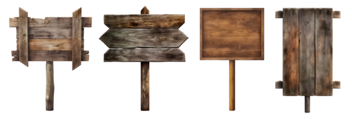 Blank empty wooden rustic signage sign board signpost post wood on transparent background cutout, PNG file. Many assorted different Mockup template for artwork design. 