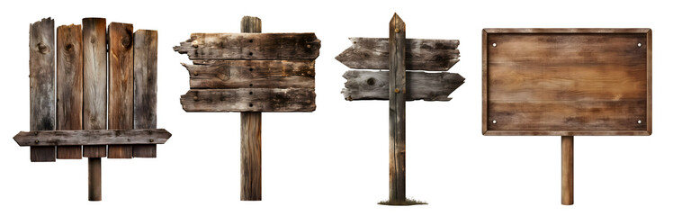 Blank empty wooden rustic signage sign board signpost post wood on transparent background cutout, PNG file. Many assorted different Mockup template for artwork design. 