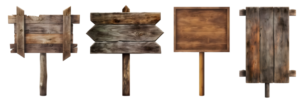 Blank empty wooden rustic signage sign board signpost post wood on transparent background cutout, PNG file. Many assorted different Mockup template for artwork design. 