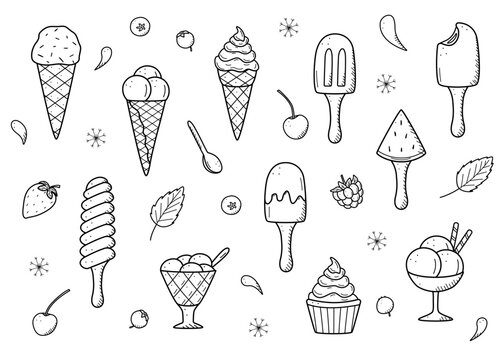 Ice cream and berries set of doodle icons. Vector illustration of summer desserts popsicles, ice cream in waffle cones, strawberry cherry raspberry mint blueberry.