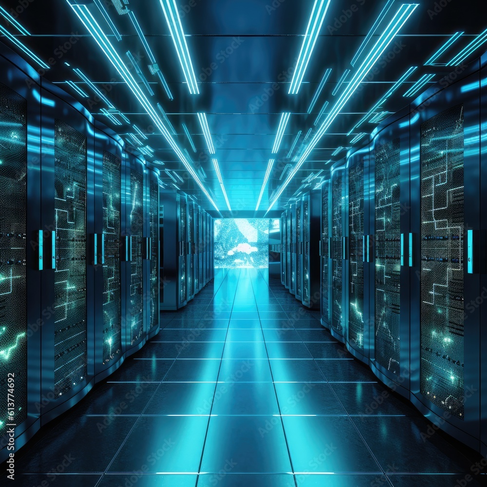 Poster concept of network and internet communication technologies, data center interior, server racks with 