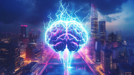 Cyber Human brain over futuristic city background with neon lights. Brainstorming and innovation technology concept with artificial intelligence. Stormy cityscape background.- AI Generated.