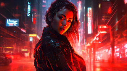 Fototapeta na wymiar Futuristic cyberpunk woman in the city at night. Female cosplay character in a futuristic city. Beautiful young cyborg girl in tech wear in a neon-lit busy evening street. - AI generated 3d render.