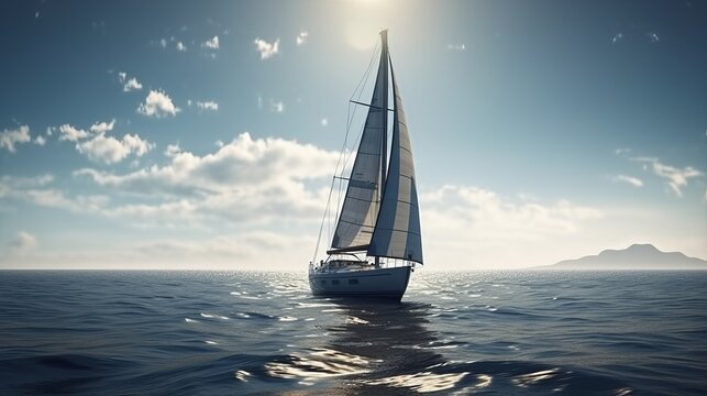 Sailing ship yachts with white sails at opened sea. Made with Generative AII. 