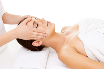 Self care, spa and woman with a facial massage for wellness, health or calm mindset to relax. Cosmetic, beauty and young female person doing head rub treatment isolated by transparent png background.